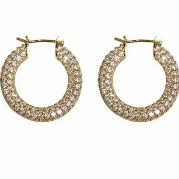 18K GOLD TONE MICRO PAVÉ CZ ENCRUSTED 1” HOOP LOOP EARRINGS ANTHROPOLOGIE NEW - Picture 5 of 15